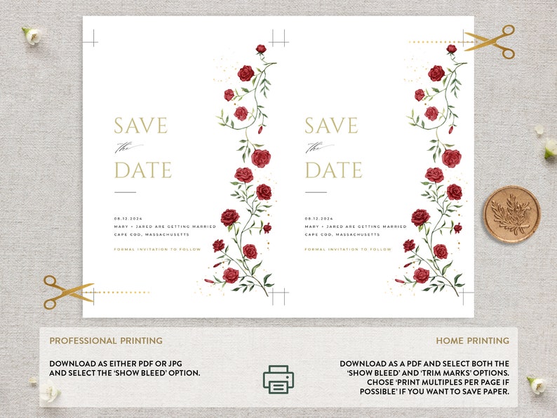 May include: Save the Date card with a floral design featuring red roses and green vines. The text "Save the Date" is in gold lettering. The card is printed on white paper.