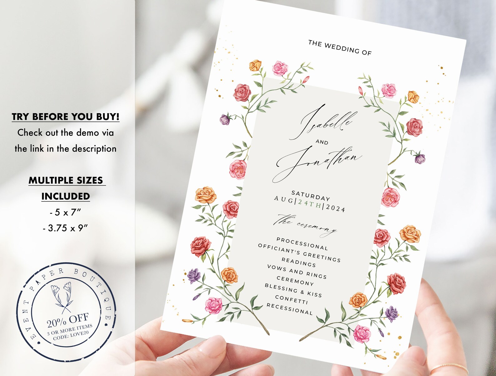ROSA Rose Wedding Program Template, Romantic Ceremony Program ...