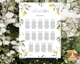 May include: A white wedding seating chart with a lemon and floral design. The chart has the names of guests listed under different table names. The text at the top of the chart reads "Lease and Stephen Find Your Seat".