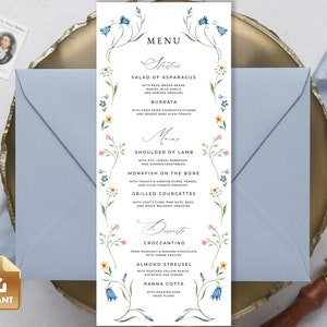 Summer Wedding Menu Card Template, Wildflower Wedding Menu, Floral Wedding Menu Template, Colorful Dinner Menu Card, Editable & Printable