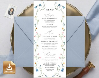 Summer Wedding Menu Card Template, Wildflower Wedding Menu, Floral Wedding Menu Template, Colorful Dinner Menu Card, Editable & Printable