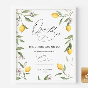 Summer Wedding Open Bar Sign, Lemon Open Bar Sign Template, Italian Open Bar Wedding Sign, Printable Summer Wedding Open Bar Sign