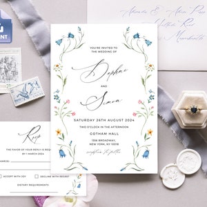 ISHA - Wildflower Wedding Invitation Template, Bohemian Wedding Invitation Set, Editable RSVP Wedding Card, Wildflower Wedding Invite