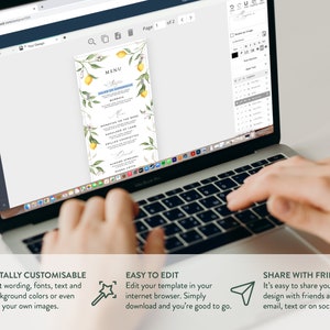 May include: A laptop computer displaying a website with a lemon-themed menu template. The website allows users to customize the template with their own text, fonts, colors, and images. The text on the website reads "Totally Customizable", "Easy to Edit", and "Share with Friends".