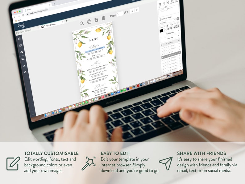 May include: A laptop computer displaying a website with a lemon-themed menu template. The website allows users to customize the template with their own text, fonts, colors, and images. The text on the website reads "Totally Customizable", "Easy to Edit", and "Share with Friends".