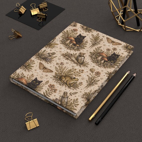 Black Cat Mushroom Pattern Hardcover Journal | Witchy Botanical Notebook