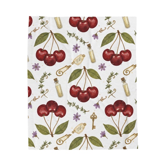 Cherry Plush Throw Blanket, Kawaii Retro Fruit Decor