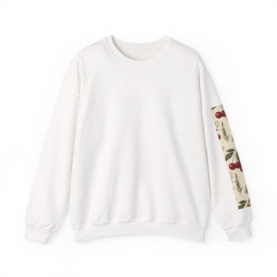Cherry Sleeve Print Crewneck Sweatshirt, Unisex Pullover