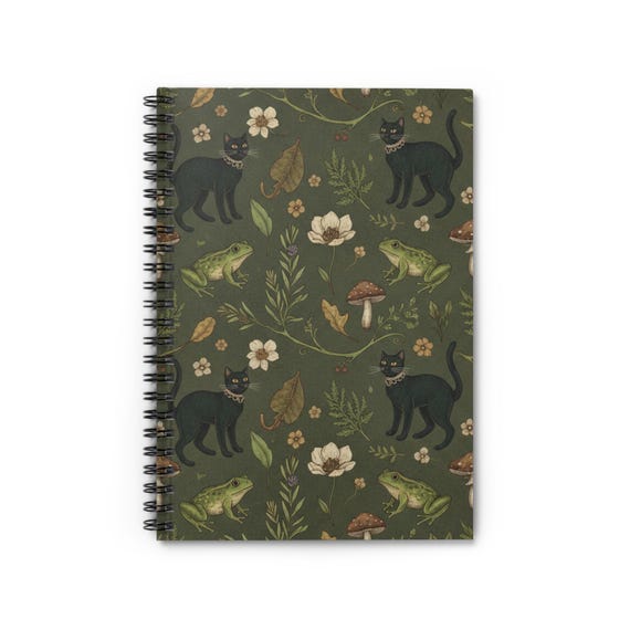 Black Cat and Frog Pattern Spiral Notebook | Floral Forest Ruled Journal