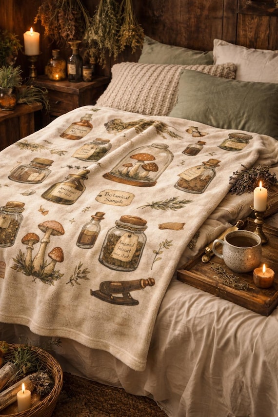 Herbal Apothecary Mushroom Pattern Velveteen Plush Blanket | Botanical Vials & Microscope