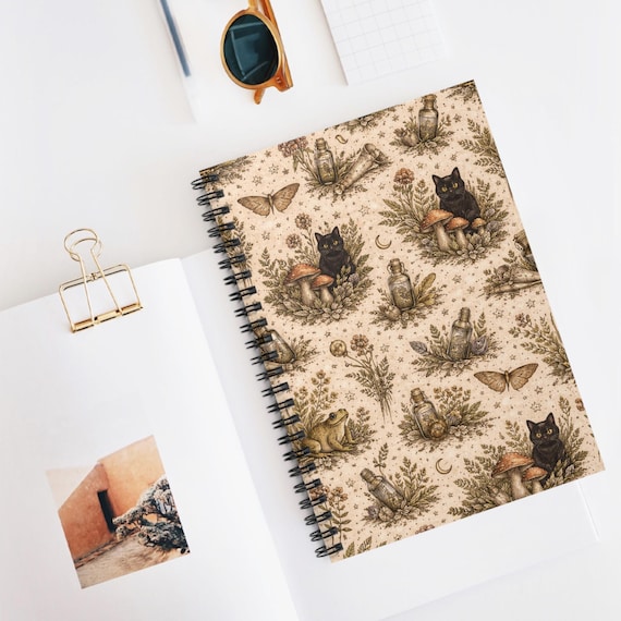 Black Cat Mushroom Pattern Spiral Notebook | Witchy Botanical Ruled Journal