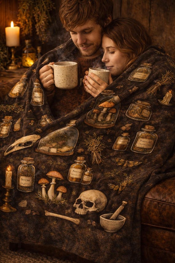 Apothecary Skull Pattern Velveteen Plush Blanket | Potion Bottles, Herbs, Candles