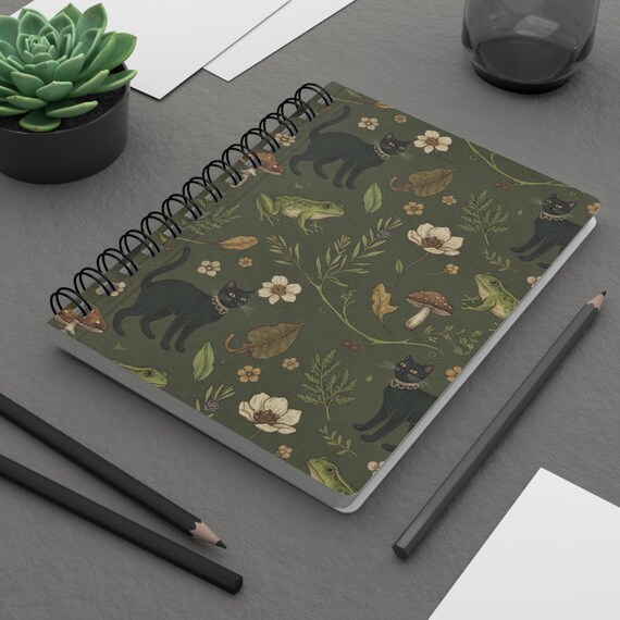 Black Cat and Frog Pattern Spiral Notebook | Botanical Witchy Floral Journal
