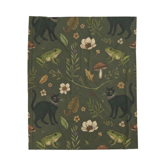 Velveteen Plush Blanket | Black Cats, Frogs & Botanicals