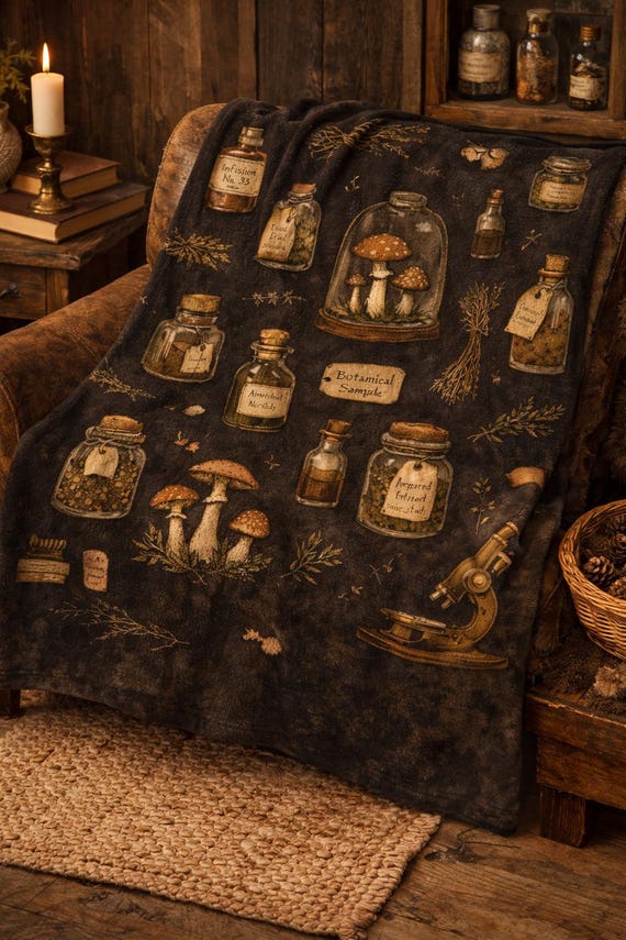 Herbal Apothecary Bottles Velveteen Plush Blanket | Mushroom Potion Pattern