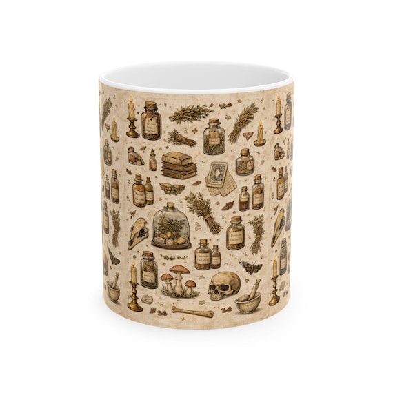 Herbal Apothecary Mug, Witchy Potion Pattern Coffee Cup, Cottagecore Herbalist Gift