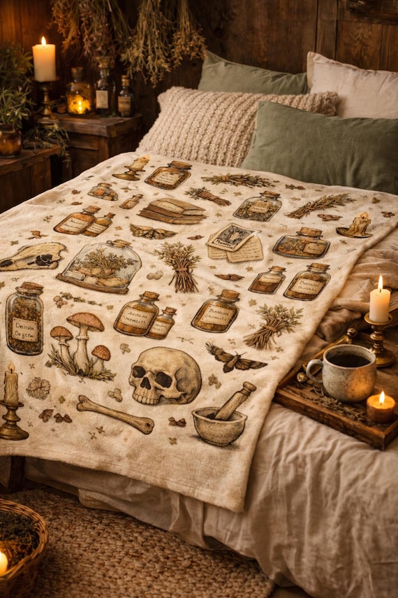 Vintage Apothecary Herbs and Skulls Velveteen Plush Blanket | Witchy Potion Illustrations