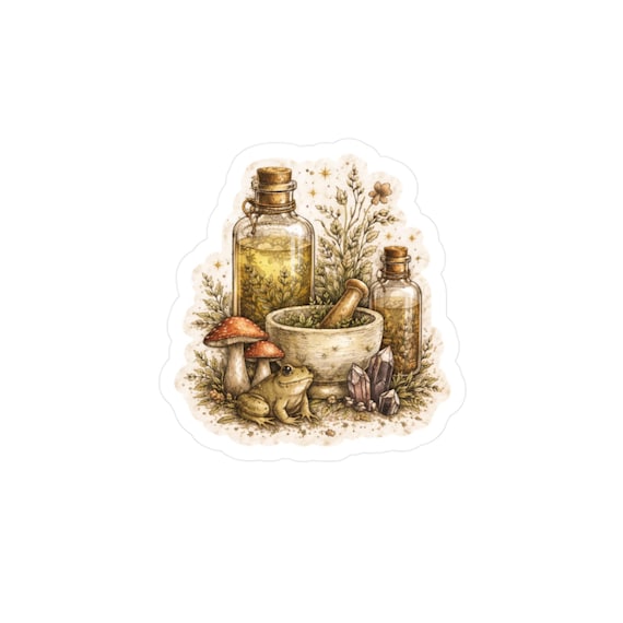 Herbal Apothecary Illustration Kiss-Cut Vinyl Decal | Mushroom Mortar Sticker