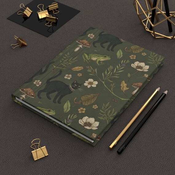 Black Cats & Frogs Hardcover Journal | Botanical Mushroom Pattern