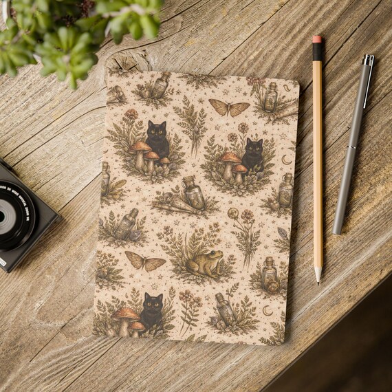 Black Cat and Mushrooms Journal | Softcover Notebook, Botanical Witchy Pattern
