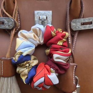 Upcycled Authentic Patchwork French Silk Hair Scrunchie made from Soleil de Sois Two Cliquetis Colorways and Feux de l'Hiver