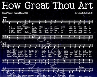 How Great Thou Art Lyrics & Music, Dark Blue Starry Background, Digital Download, Inspirational Wall Art, JPG Format