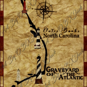 Outer Banks, NC Digital Art Leuchttürme, 'Friedhof des Atlantiks', Kompass, rustikaler alter Papierhintergrund, herunterladbares JPG, 7150x8900 px