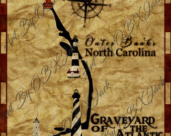 Outer Banks, NC Digital Art Lighthouses, 'Graveyard of the Atlantic', Compass, Rustic Old Paper Background, Downloadable JPG, 7150x8900 px