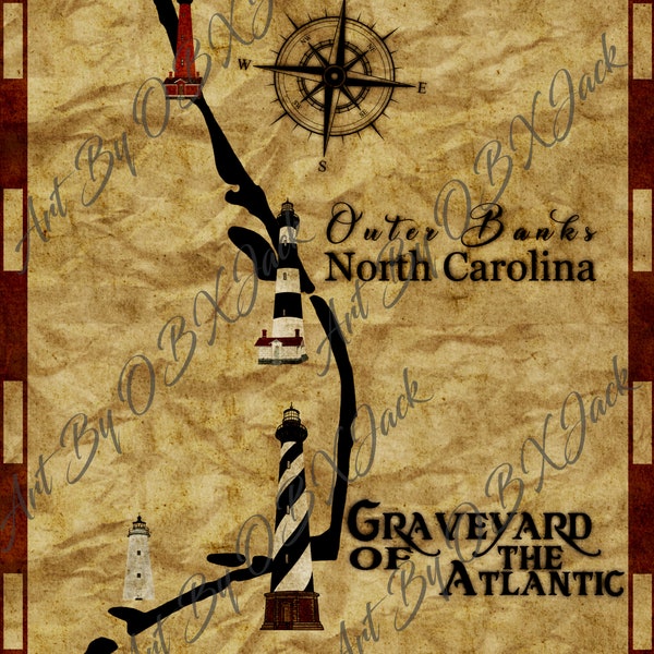 Outer Banks, NC Digital Art Lighthouses, 'Graveyard of the Atlantic', Compass, Rustic Old Paper Background, Downloadable JPG, 7150x8900 px