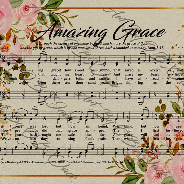 Digital File - Christian Hymn Sheet Music - Amazing Grace - JPG - Instant Download