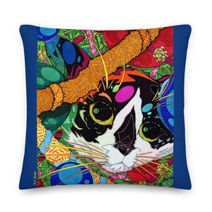 May include: A colorful illustration of a cat's face with large green eyes, a white nose, and black and white fur. The cat is surrounded by a psychedelic pattern of bright colors and swirls.
