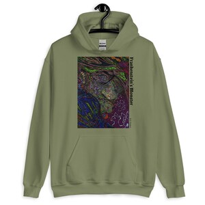 May include: A green hooded sweatshirt with a graphic print of a colorful, abstract portrait of Frankenstein's Monster. The text "Frankenstein's Monster" is printed vertically on the right side of the image.