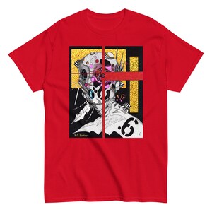 May include: Red t-shirt featuring a graphic design of a stylized face with geometric shapes and the number "6". The artwork is in black, white, pink, and yellow, with the artist's signature "B.C. Foster" at the bottom.