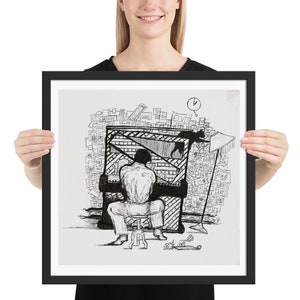 May include: Black and white line drawing of a person playing a piano. The person is sitting on a stool and the piano is surrounded by a wall of notes, words, and images. The drawing is in a black frame.