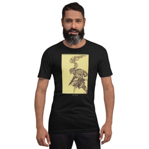 May include: Black t-shirt with a yellow notepad design featuring a drawing of a steampunk character with a sword and smoke coming from its head. The text "B.B. Parker" is at the bottom of the notepad.