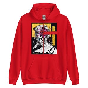 May include: Red hooded sweatshirt with a graphic print of a black and white illustration of a person's head with a yellow, black, and white geometric pattern. The text "B.C. Foster" is printed below the graphic.