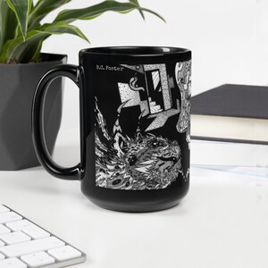 May include: Black ceramic mug with a white graphic design featuring a creature with intricate details. The mug has a handle and the text "B.C. Foster" is printed on the side.