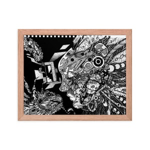 May include: Black and white line art drawing of a woman's face with intricate details and a creature with a large head and a small body. The woman's face is on the right side of the image and the creature is on the left side of the image.