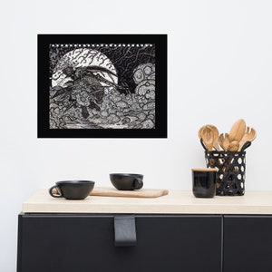 May include: Black and white illustration of a creature with wings flying through the clouds. The creature is surrounded by a dark, swirling sky with a full moon in the background.