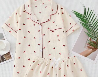 ShortSleeve Pyjama Set/Cotton/Cherry Printed/Floral Print/Heart Print/For Women/Loungewear Set/ Cozy Pajamas Set Outfit/Gift for her/Spring