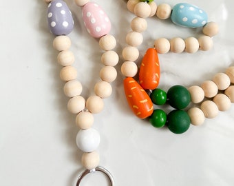 Easter Teacher Lanyard, Spring Teacher Lanyard, Easter Egg ID Holder, Colorful Pastel Easter Educator Gift Lanyard, Wood Beaded Lanyard