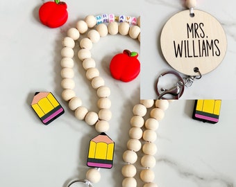Cute Teacher Personalized Lanyard, Custom Teacher Lanyard, Teacher Name Gift, Wood Beaded Teacher Lanyard, Nurse Lanyard, Name Lanyard