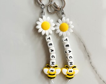 Teacher Keychain Gift, Teacher Bag Tag, Daisy and Bee Teacher Keychain, TEACH appreciation gift, Cute Teacher Present