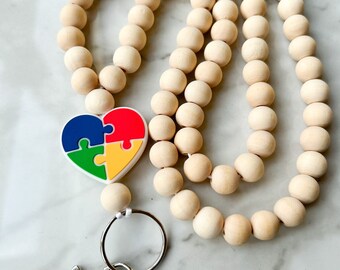 Special Education Teacher Lanyard, Autism Awareness Lanyard, Heart Lanyard, Wood Beaded Teacher Lanyard, Nurse Lanyard, Name Lanyard