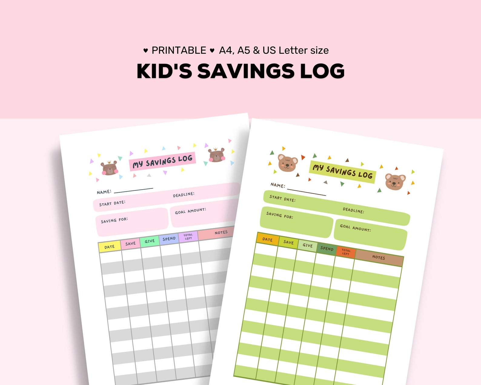 Printable Kid's Savings Log, Budget Tracker, Savings Goal Chart ...