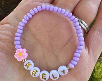 Girls Name Bracelet: Custom Beaded Flower Bracelet, Kids Jewelry