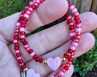 Pink heart Matching Bracelet Set for Mother and Daughter Pink Heart Shell Bracelets Pink Red Beads Bracelets for Mom and Daughter