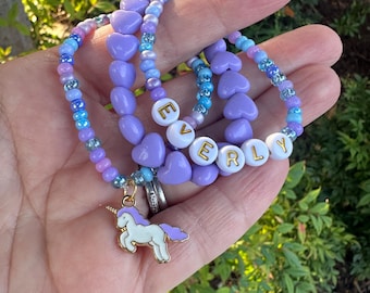 Little Girls Unicorn Heart Name Bracelet Set – Personalized Unicorn Bracelet – Custom Heart Bracelet for Kids – Perfect Gift for Girls