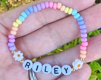 Personalized Name Bracelet for Girls, Rainbow Beaded Flower Jewelry