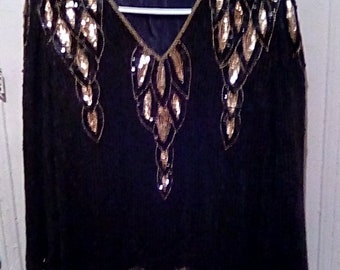 Gorgeous Vintage Black and Gold Sequin Top -  Medium